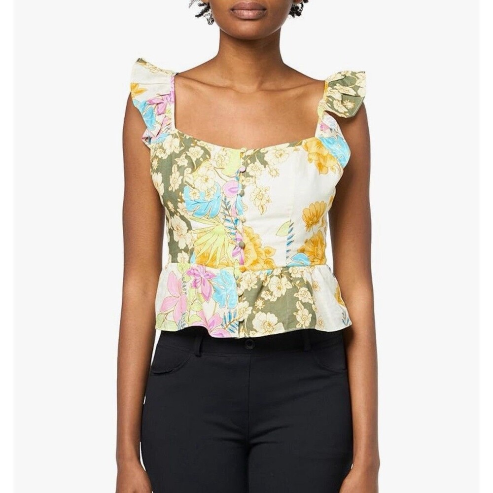GUESS Linen Top Women's Carine Peplum Sleeveless Eco Ruffles Floral Size S